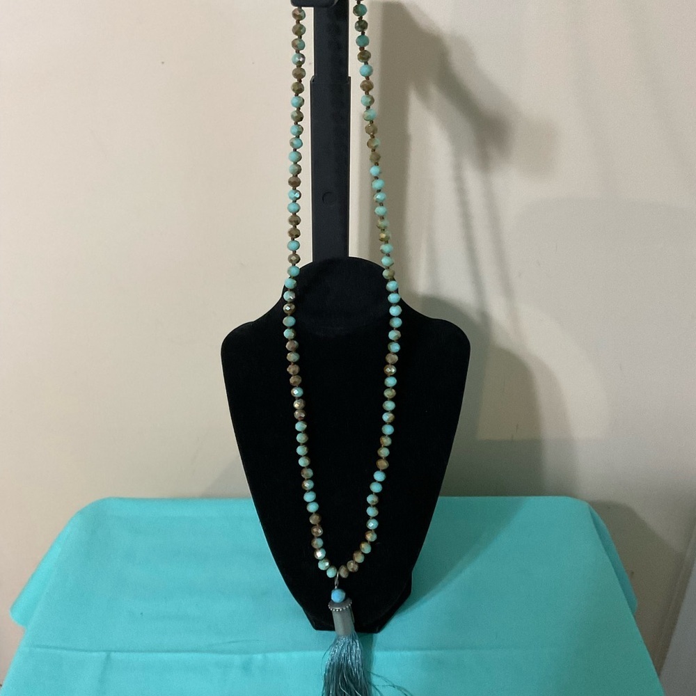 Turquoise and Brown Beaded Necklace with Tassel
